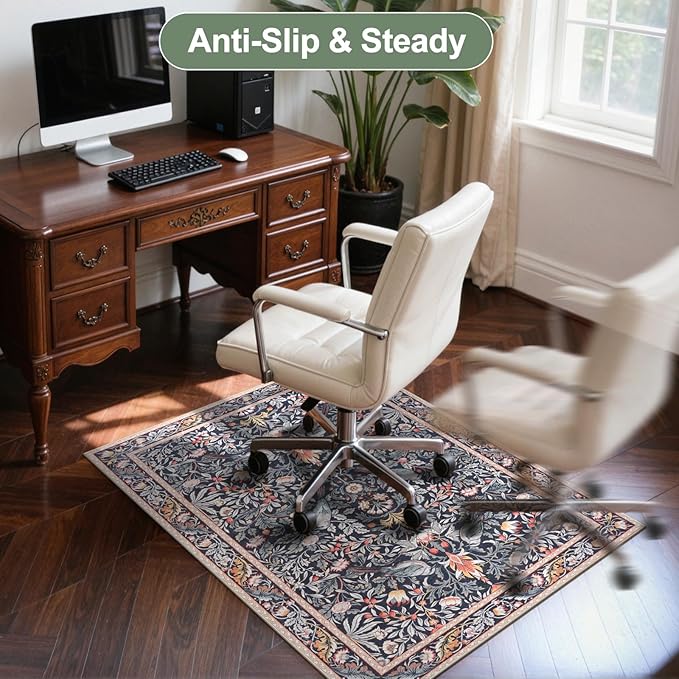 Anidaroel 36"x48" Office Chair Mat for Hardwood Floor/Tile, Anti-Slip Computer Chair Mat, Vintage Desk Floor Mats, Low Pile Floral Bird Office Rugs for Rolling Chairs, Taupe Under Desk Rug
