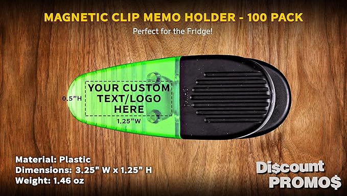 100 Magnetic Memo Holders Set - Customizable Text, Logo - Large Clip, Plastic - TGreen