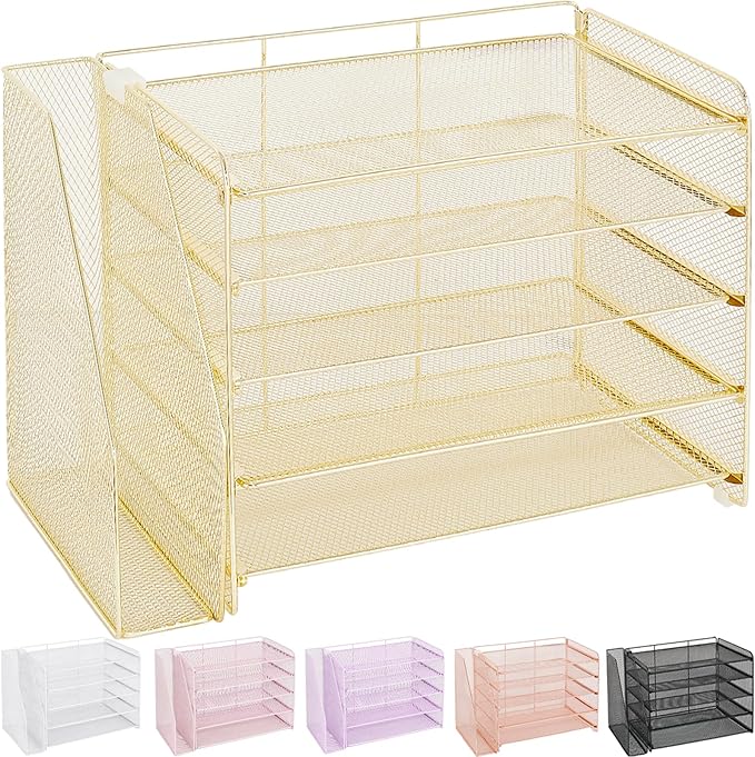 OPNICE 5-Tier Paper Organizer with Magazine Holder, Desk Organizers and Accessories, Office Desk Accessories & Workspace Organizers, Desktop File Organizer for Office Supplies Storage, Gold