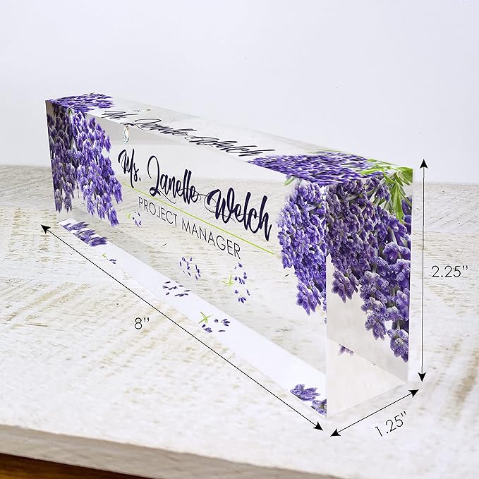 Artblox Personalized Name Plate for Desk | Lavender Design On Clear Acrylic Glass | Custom Desk Name Plate Personalized with Your Name and Credentials for Teacher Phd Military Office Name Plate