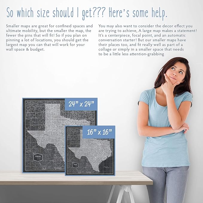 Conquest Maps Push Pin Texas Map Board - With Push Pins to Mark Texas Travel - Handmade in Ohio, USA - Design: Modern Slate
