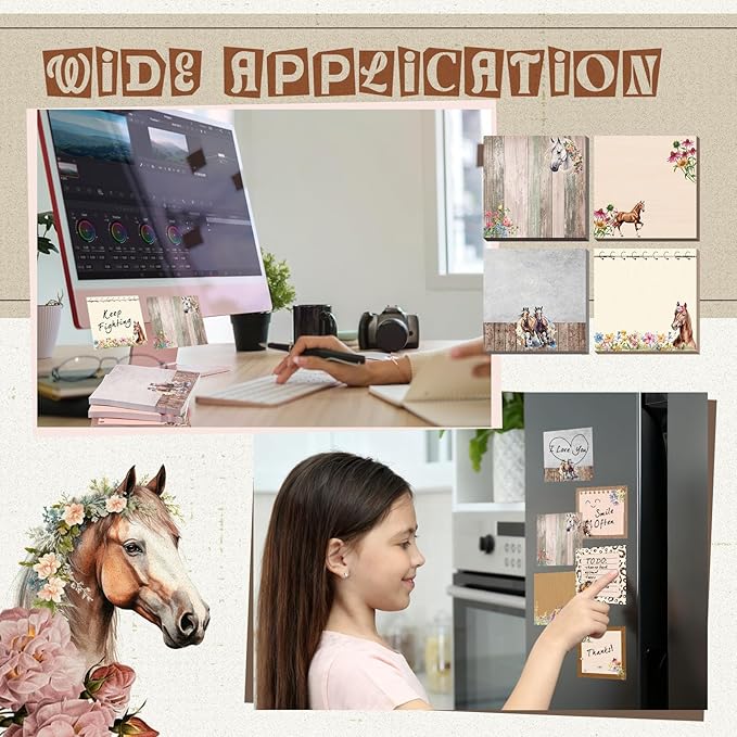 9 Pads Horse Sticky Notes 3x3 Inch Cute Self Stick Notepads Notes Adhesive Memo Pad Office Decor Gifts for Students School Teacher Meeting Office Supplies