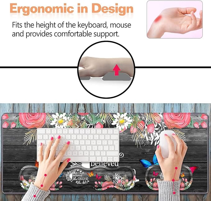 Ergonomic Keyboard Wrist Rest and Mouse Pad Wrist Rest Set, Large XXL Gaming Desk Mat 31.5"x 11.8",Non-Slip Base, Memory Foam,Easy Typing Pain Relief, Floral Quote She Believed She Could So She Did