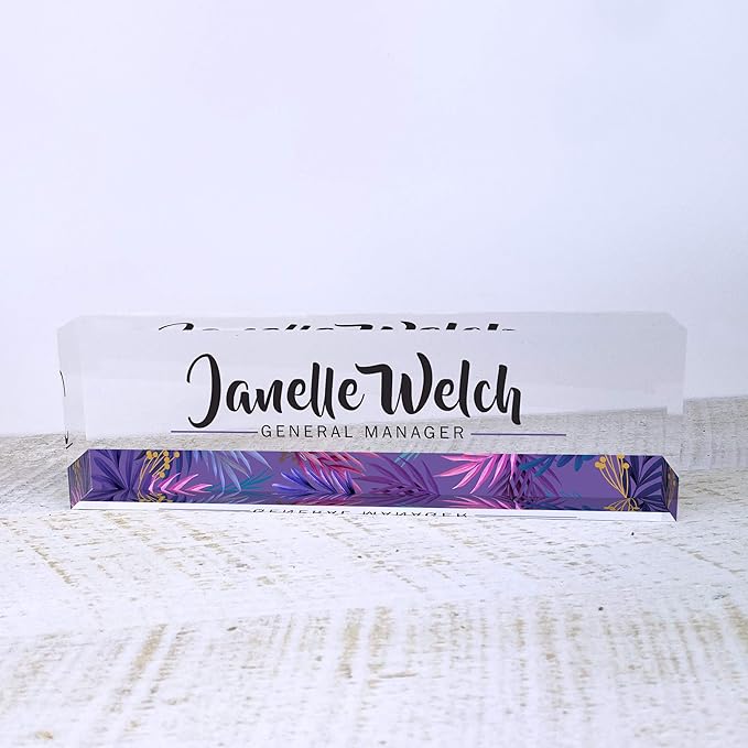 Artblox Personalized Desk Name Plate - Purple Stripe Design On Clear Acrylic Glass - Custom with Your Name and Credentials for Teacher, PhD, Military, Office