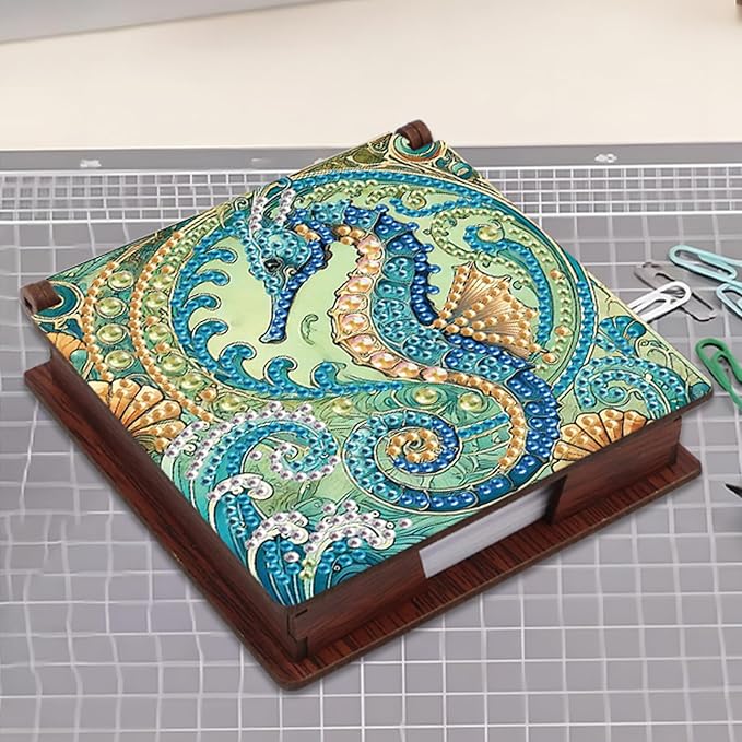 Wooden DIY Seahorse Diamond Art Notecard Box – DIY Gem Art Sticky Note Holder for Adults 160 Sheets Memo Pad Storage