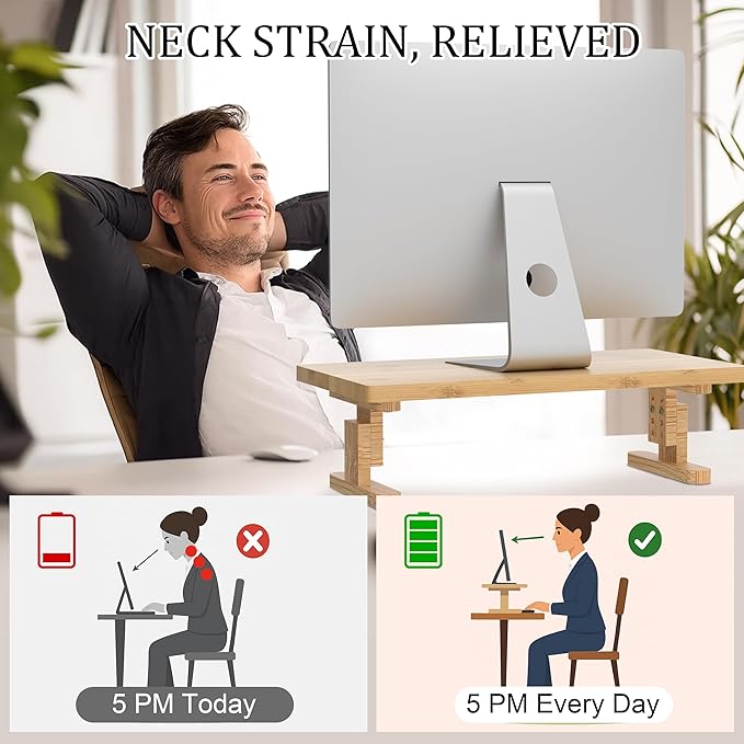 Bamboo Monitor Stand Riser for Desk, Height Adjustable Computer Riser & Laptop Stand, Ergonomic Desktop Organizer Shelf W/ Underneath Storage, Sturdy 100 lbs Capacity for Printer/TV/Home Office