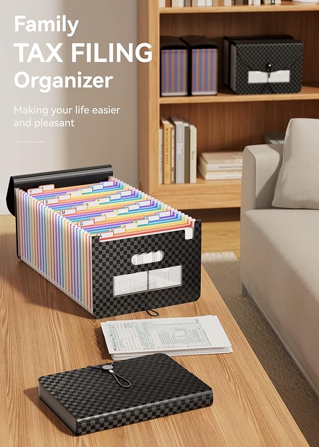 ABC life 26 Pockets File Organizer, Expanding File Folder A4 Letter Size, Portable Monthly Paper Bill Tax Receipt Organizer, Document Holder with Labels - Checkered Pattern