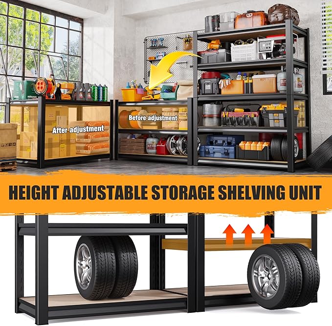 5-Tier Garage Shelving Heavy Duty Storage Shelves, Metal Adjustable Shelving Unit, Utility Garage Organizer Shelf for Basement, Pantry, Kitchen, Warehouse, 31.5" W x 13.8" D x 71.2" H, Black