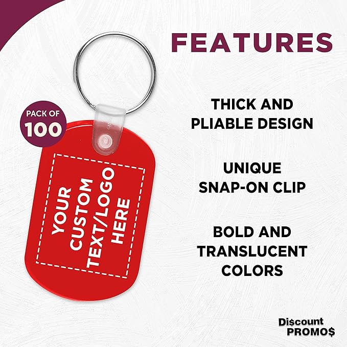 DISCOUNT PROMOS Tag Soft Plastic Keychains - 100 pack - Customizable Text, Logo - Small Key Tag Chain For Staying Organized - Rubber Key Ring Keychain – Red