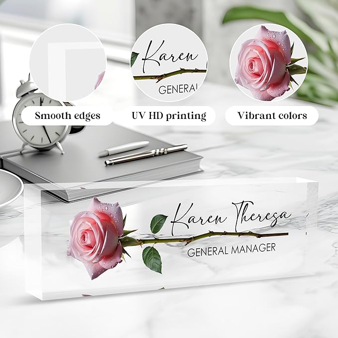 Custom Office Name Plate, Personalized Gifts for Women & Employees, Office Desk Accessory (A Rose)