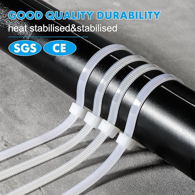 White Zip Ties 12 Inch 1000 Pack, 50 lbs Heavy Duty Tensile Strength, UV Resistant Self-Locking Nylon Cable Ties for Bulk Indoor/Outdoor Use (Fence, Garage, Camping)