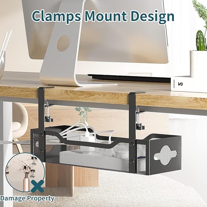 Under Desk Cable Management Tray Black, Litwaro Cable Management Under Desk No Drill, Cable Organizer with Clamp for Wire Management, Cord Organizer No Damage to Desk for Office, Home