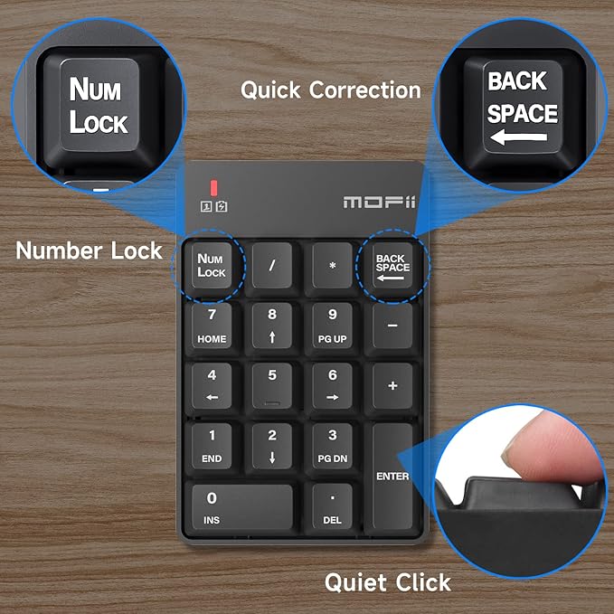 MOFII Wireless Number Pad - 2.4G Numeric Keypad Silent 19 Keys USB Keypads, Portable Financial Accounting Numpad 10 Key for Laptop/Notebook/Surface Pro/PC - Black