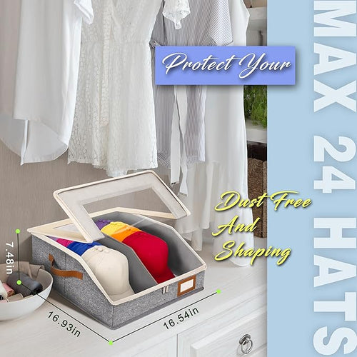 2-in-1 Hat Organizer for Baseball Caps Holds 48-60 Hats Holder for Closet with Clear lid Stackable Hat Storage with Adjustable Space Cowboy Hat Box for Men Women 2 PCS White and Grey