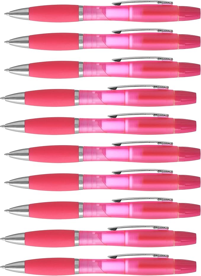 DISCOUNT PROMOS 10 Two in one Highlighter Pens Pack - Ballpoint, Silver Accents - Pink