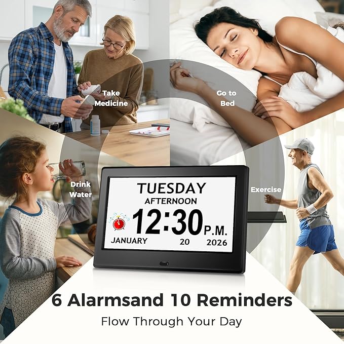 7'' Digital Clock, Dementia Clock With Date And Time, 10 Reminders, 6 Alarms, Auto-Dimming, Auto DST, Remote Control, Large Display Alarm Clock For Seniors, Gifts For People With Dementia, Alzheimers