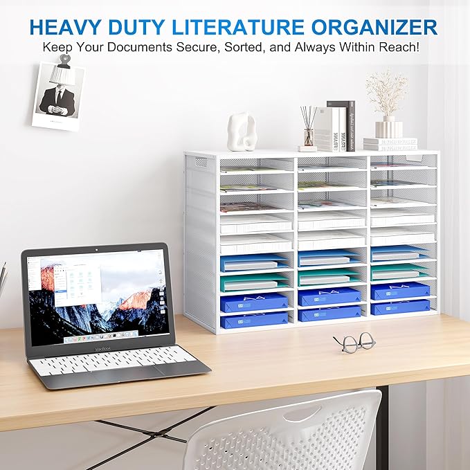 Mail Sorter Adjustable Countertop Mail Holder, Heavy Duty Literature Organizer, Student Mailbox for Classroom, Desktop Bill Paper Organizer for Office Home School, 27 Compartments, White