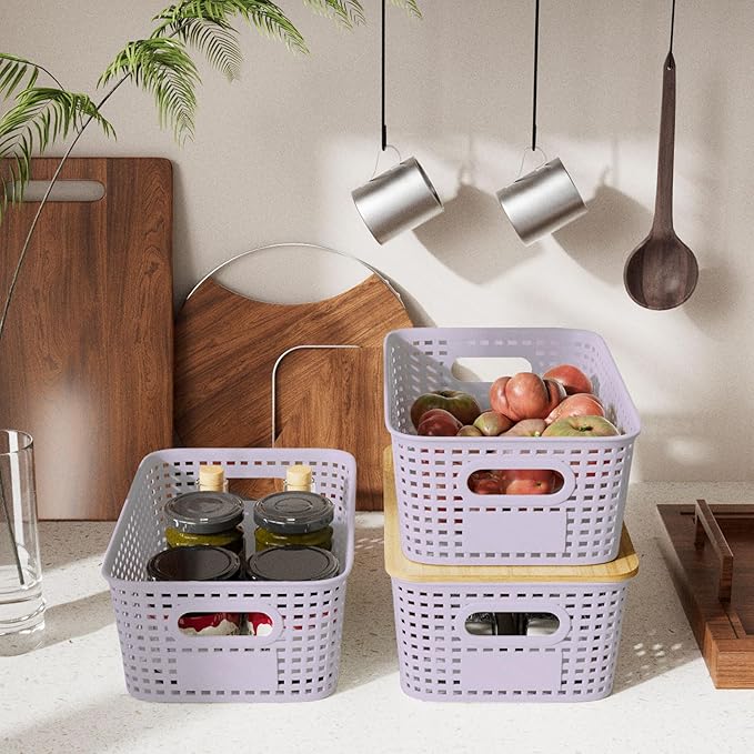 Plastic Storage Bins with Bamboo Lid - Pantry Storage Baskets with Lid - Stackable Container with Lable for Organizing Small Storage Box for Shelves Office Cabinet Drawer Closet 9x7x4 In - Purple 6Pcs