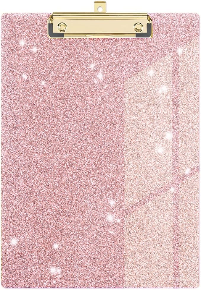 Glitter Acrylic Clipboard Decorative Standard A4 Letter Size 12.2" x 8.7", Fashion Bling Clip Boards with Designed Low Profile Gold Clip for Classroom Office - Rose Gold