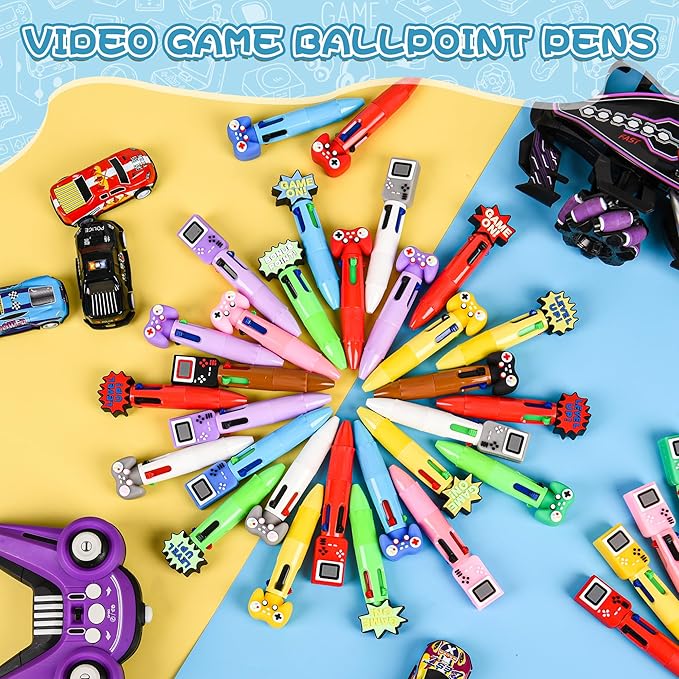 LiYiQ 25 Pcs Video Game Colorful Multicolor Pen in One Cartoon Cute Fun 4-in-1 Cute Pens Bulk Kawaii Game Handle Level Up Games Console Shape Cool Ballpoint Pens for Kids Fun Gifts