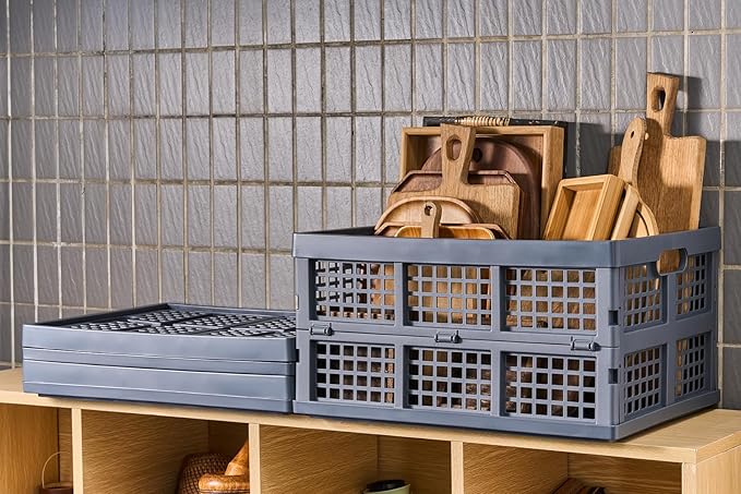3-Pack Plastic Collapsible Storage Crates-30L,Foldable Plastic Crates for Storage (Gray)
