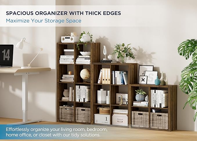 3 Cube Storage Organizer Single Row, Cube Shelf with Heavy-Duty Thick Boards, 13.31" L x 9.37" W x 36.93" H, Smooth Easy-Clean Panels, Simple Assembly, for Living Room Bedroom Office, Brown
