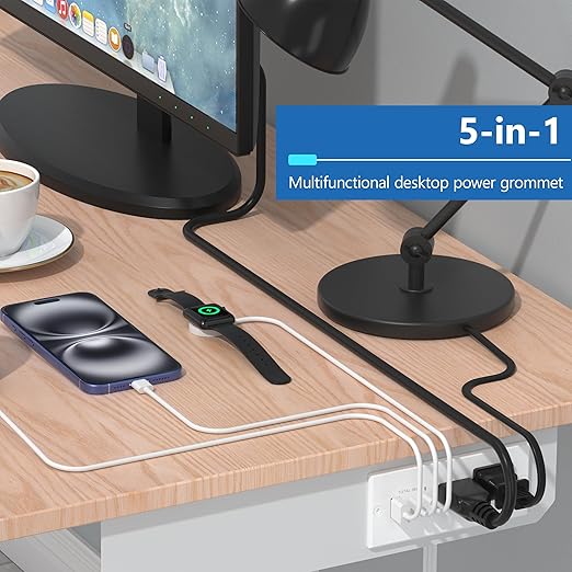 LIDER PD 36W Recessed Outlet Station with USB-A and USB-C Ports, Desktop Power Grommet, Power Delivery, Tamper-Resistant Receptacles, Power Strip for Desks and Cabinet, White, 6.5ft Cord, ETL Listed