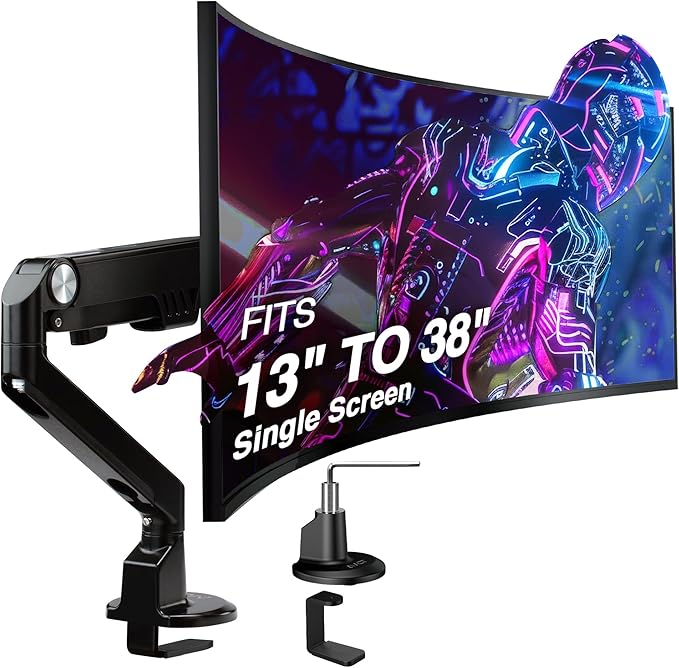 AVLT Single 13"-38" Monitor Arm Desk Mount - Fits One Flat/Curved/Ultrawide Monitor - Full Motion Height Swivel Tilt Rotation - VESA/C-Clamp/Cable Management