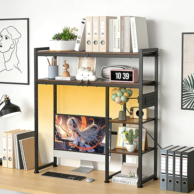 Aetheris Desktop Organizer Shelf, 30" Wooden Office Storage Rack with Outlets, Display Shelf Rack with Light Strip, 5 Tier Desktop Display Rac, Desk Shelf, Desk Hutch for Computer Monitor, Brown