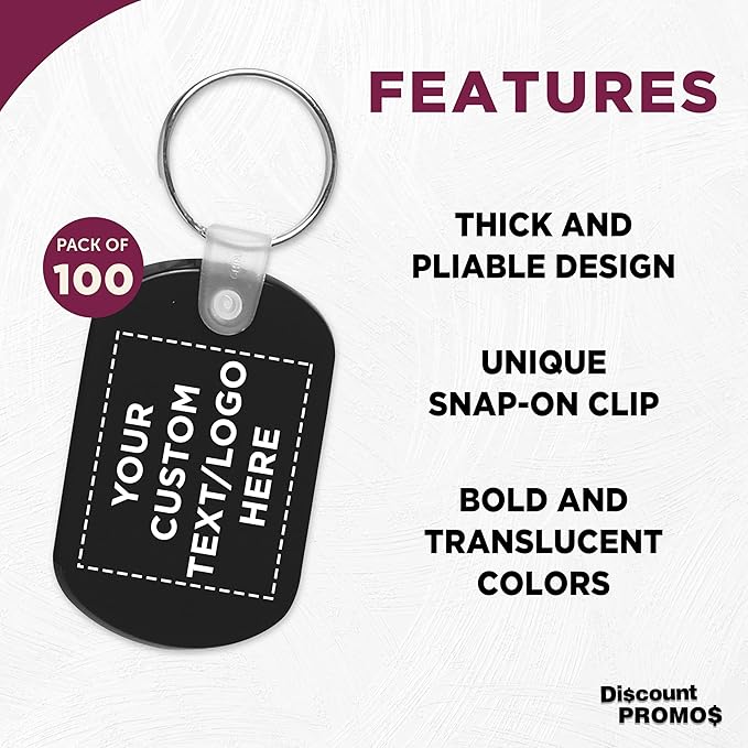 DISCOUNT PROMOS Tag Soft Plastic Keychains - 100 pack - Customizable Text, Logo - Small Key Tag Chain For Staying Organized - Rubber Key Ring Keychain – Black
