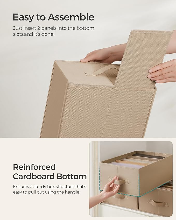 SONGMICS Set of 4 Large Size Wardrobe Clothes Organizers, 6-Compartment Foldable Drawer Organizers with Handles, 16.5 x 11.8 x 6.7 Inches, for Pants, Sweaters, Jeans, Sand Beige URUS009K01