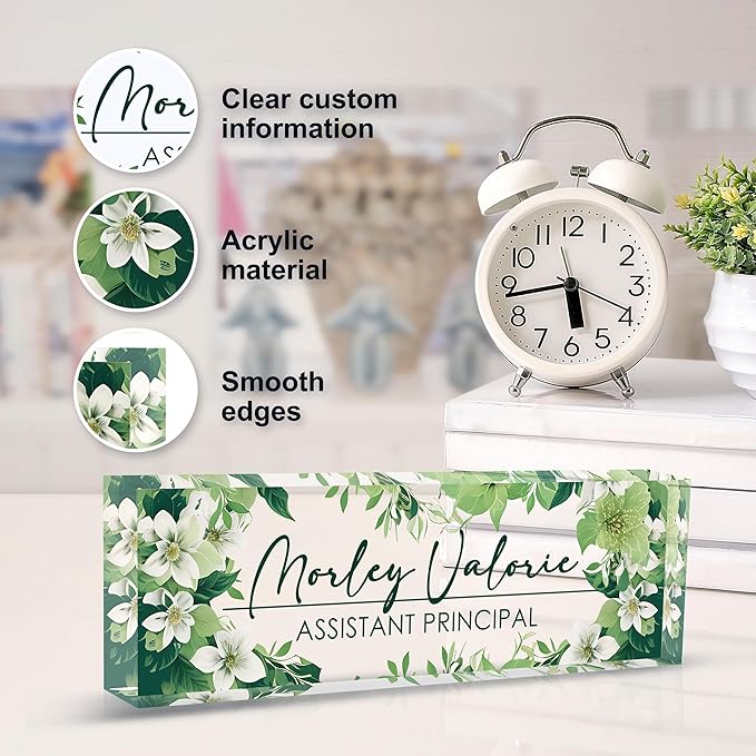 Custom Name Plate for Desk | Personalized Desk Name Plate | Personalized Boss Employee Appreciation Gifts | Acrylic Name Plate Office Desk Accessories (B-Green Flower)