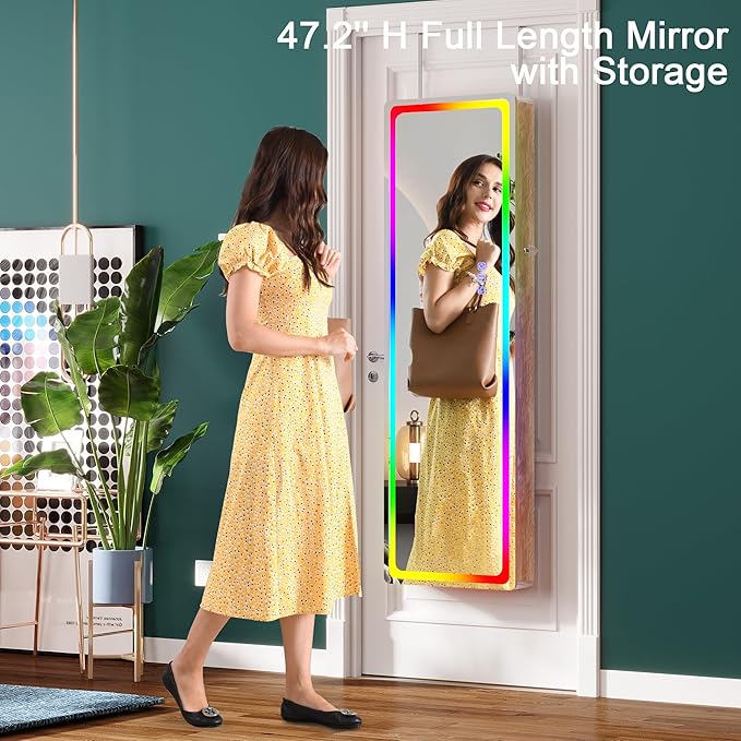 HNEBC LED Mirror Jewelry Cabinet with RGB Lights,47.2" Wall Mounted Jewelry Organizer with Full-Length Mirror,Over The Door Hanging Jewelry Armoire Storage Cabinet,Folding Dresser,2 Drawers,Lockable