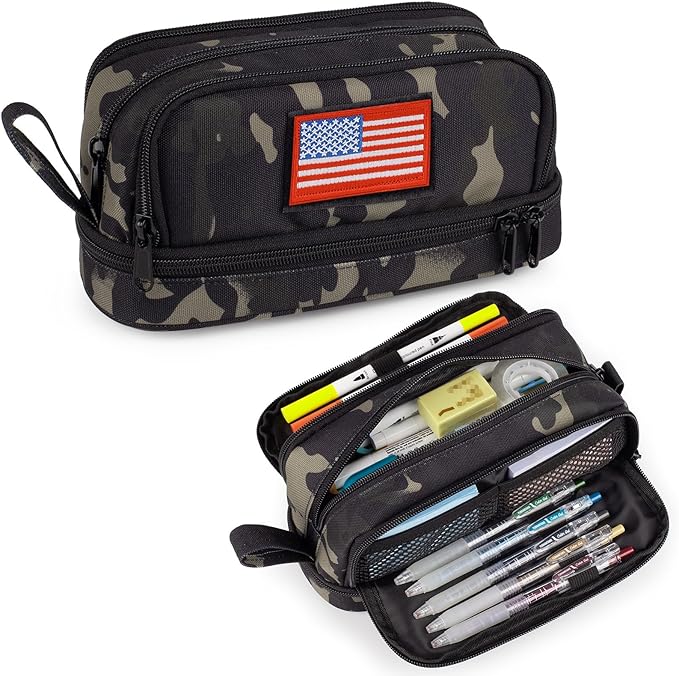 ATRIPACK Tactical 4 Compartments Pencil Case for Boys,Big Canvas Pen Pouch Bag, Large Capacity Pen Box, Tool Bag for Middle School College Office Organizer for Kids Men Women Adult Teens