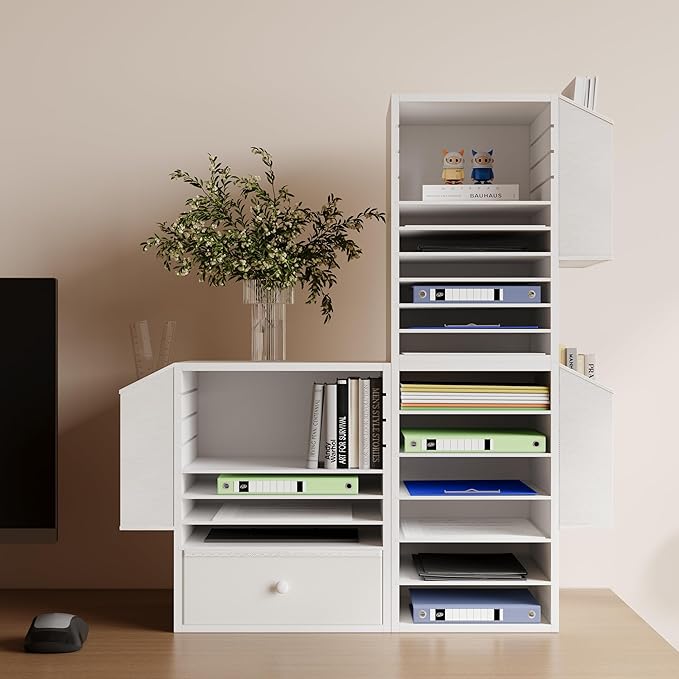 Office Mail Sorter, Wooden Paper Organizer with Storage Bag, 10 Tier Adjustable Classroom Mailbox, Removable Classroom Organization, Teacher Desk Organization for Office, Study, White