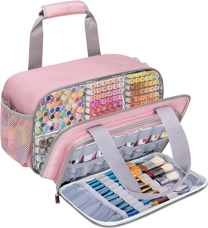 Case Organizer for up to 216 Markers, Large Bag With Carrying Handle, Holder (Length up to 5.1"), Aluminum Foil Liner Easy Cleaning, Patented Design (Pink)