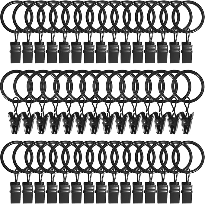AMZSEVEN 44 Pack Metal Curtain Rings with Clips, Drapery Clips with Rings, Drapes Rings 1 inch Inner Diameter, Fits Diameter 5/8 inch Curtain Rods, Black