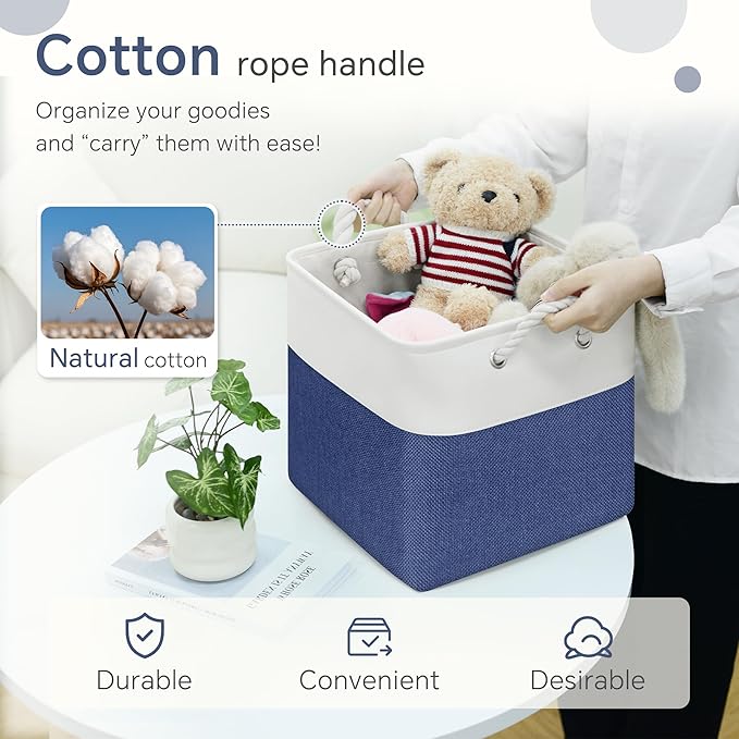 Cube Storage Baskets, 6 Pack 11x11 inch with Cotton Handles for Closet, Shelves, Clothes, Towel (White/Navy Blue)