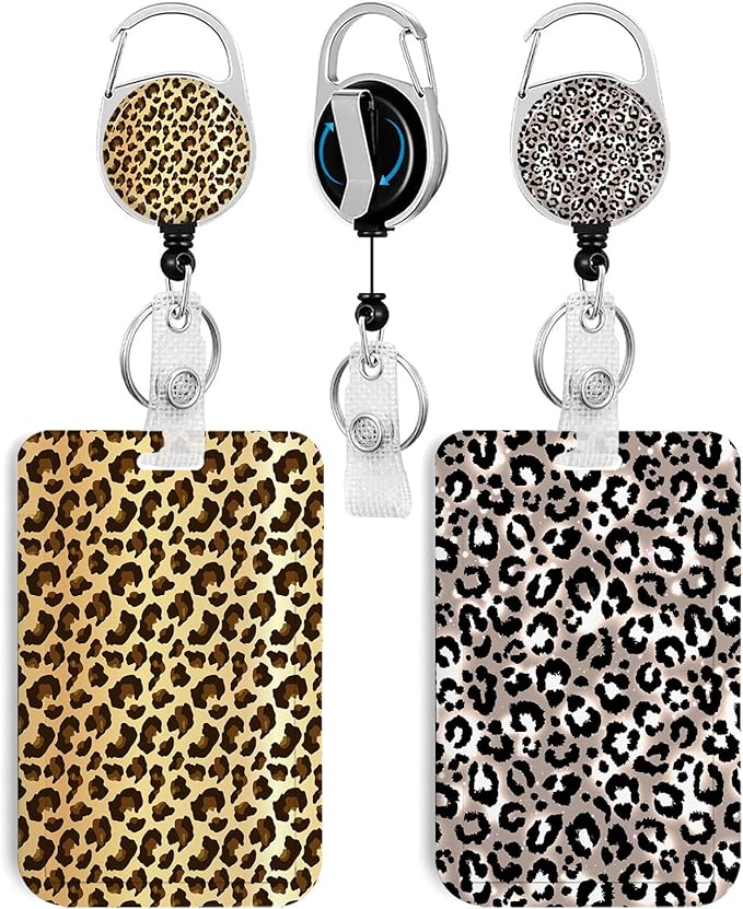 2 Pack Leopard Print ID Badge Holder with Heavy Duty Retractable Reel Keychain for WomenStudents,Teachers, Nurses, Office Use