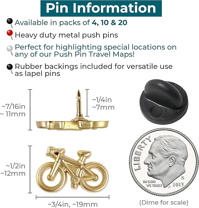 Bicycle Push Pins - Gold Metal Bike Pins - for Cork Board, Maps, or Lapel Pin Use - Designed in USA - Set of 10