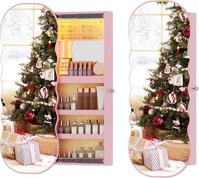 Lvifur Jewelry Armoires with LED Lights, Hanging Jewelry Storage Cabinet Lockable Wavy Mirror Jewelry Organizer, Lockable Frameless Mirror with Storage, LED Jewelry Cabinet Wall/Door Mounted(White)