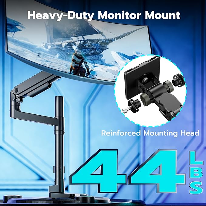 ARES WING Single Monitor Arm Desk Mount for 17-49 Inch Ultrawide Monitors, Heavy Duty Single Monitor Arm Holds 44 lbs, Full Motion Gas Spring Vertical Desk Mount, 75/100 VESA Mount, Black