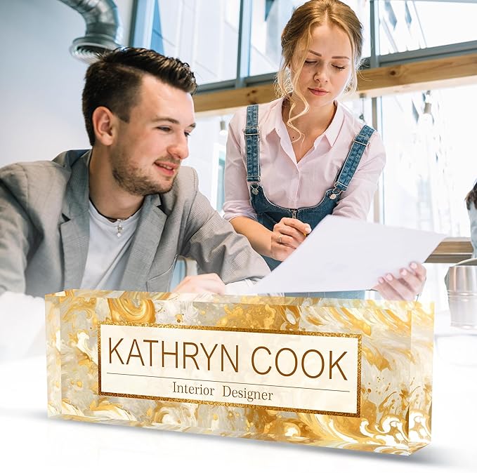 Personalized Name Plate for Desk - Office Gifts for Teacher, Boss, Employee Appreciation - Desk Decor (Golden Wave)