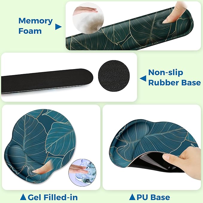 Mouse Pad and Keyboard Wrist Rest Support, with Non-Slip PU Base,Gel Mouse Pad with Coaster,Pain Relief for Gaming, Computer,Office -Green Leaves