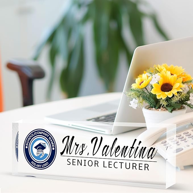 Personalized Office Name Plate, Custom Logo/Photo, Name Plate for Desks, Office Desk Decorations Gift for Women Men, Acrylic Desk Name Plate for Teacher Coworkers Staff Boss (Transparent Logo)