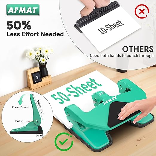 AFMAT Heavy Duty 3 Hole Punch, 50-Sheet Capacity, 50% Reduced Effort Three Hole Puncher for Binder, 10K+ Uses, Large Chip Tray, Adjustable Paper Guide, Office Metal Paper Puncher 3 Ring HP20(Green)