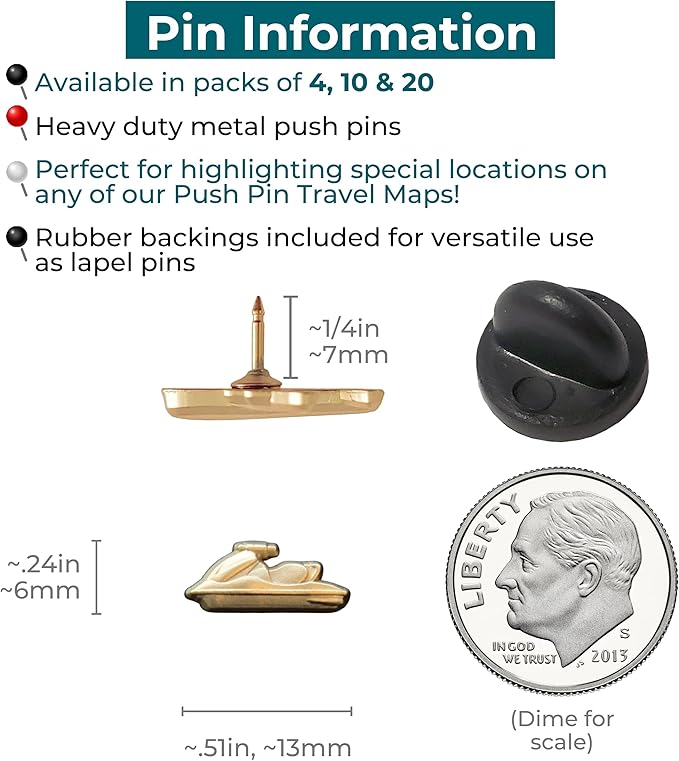 Jet Ski Push Pins - Gold Jet Ski Map Pins for Cork Boards, Maps, or Lapel Use - Designed in USA - Set of 4