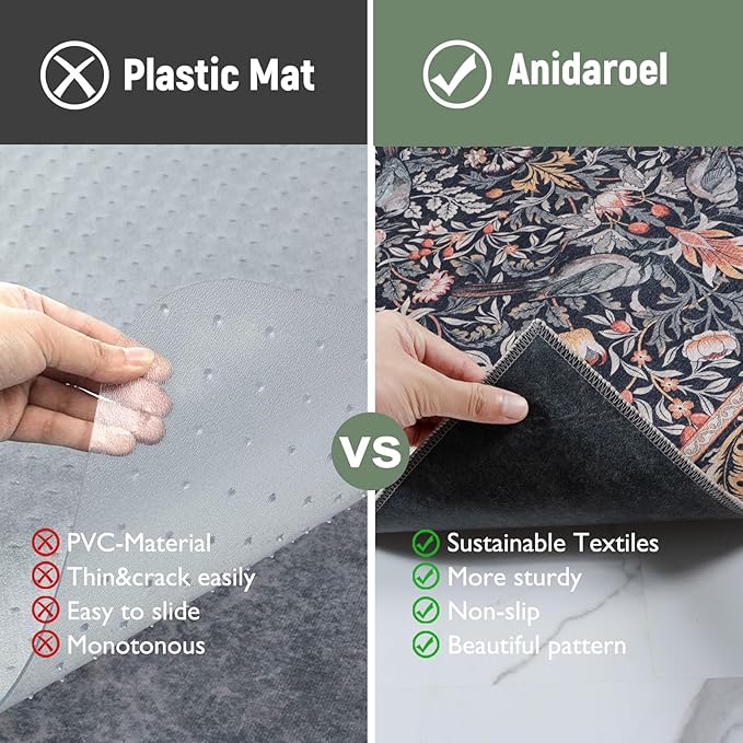 Anidaroel 36"x48" Office Chair Mat for Hardwood Floor/Tile, Anti-Slip Computer Chair Mat, Vintage Desk Floor Mats, Low Pile Floral Bird Office Rugs for Rolling Chairs, Taupe Under Desk Rug