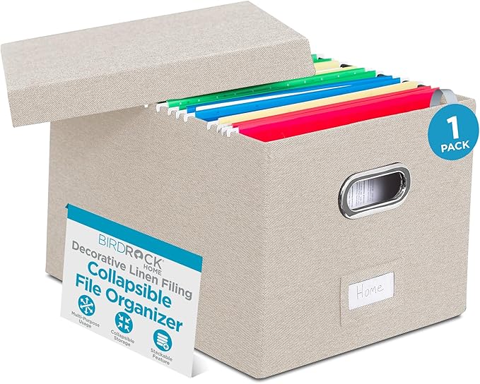 Internet's Best Collapsible File Storage Organizer Box with Lid - Decorative Linen Hanging Filing & Storage Office Box - Letter/Legal - Strong Durable - Toys Blankets Binders - Cream - 1 Pack