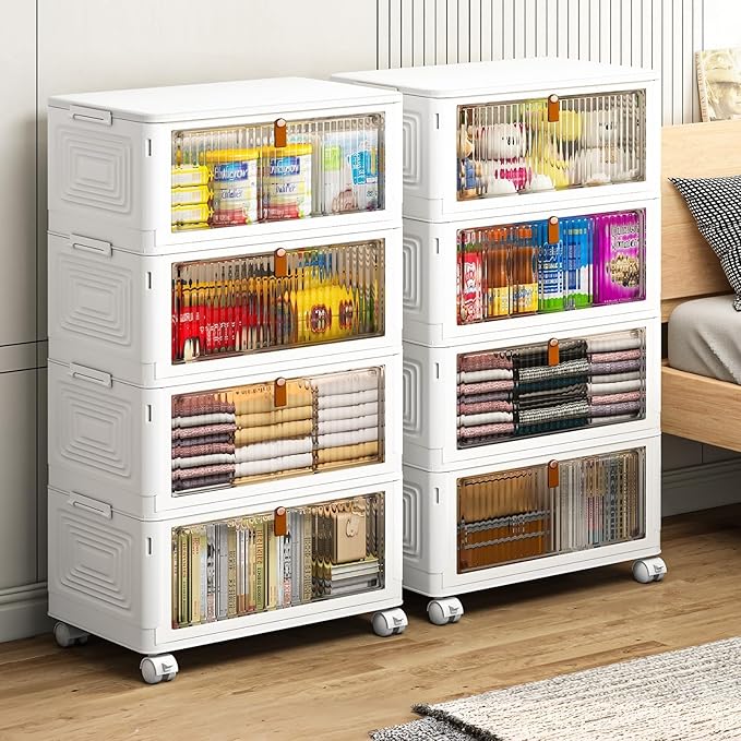 4 Tier Plastic Storage Bins with Lid 35QT, Stackable Storage Containers with Wheels, Folding Boxes, Collapsible Bins, Closet Organizers and for Living Room,Office,Dorm